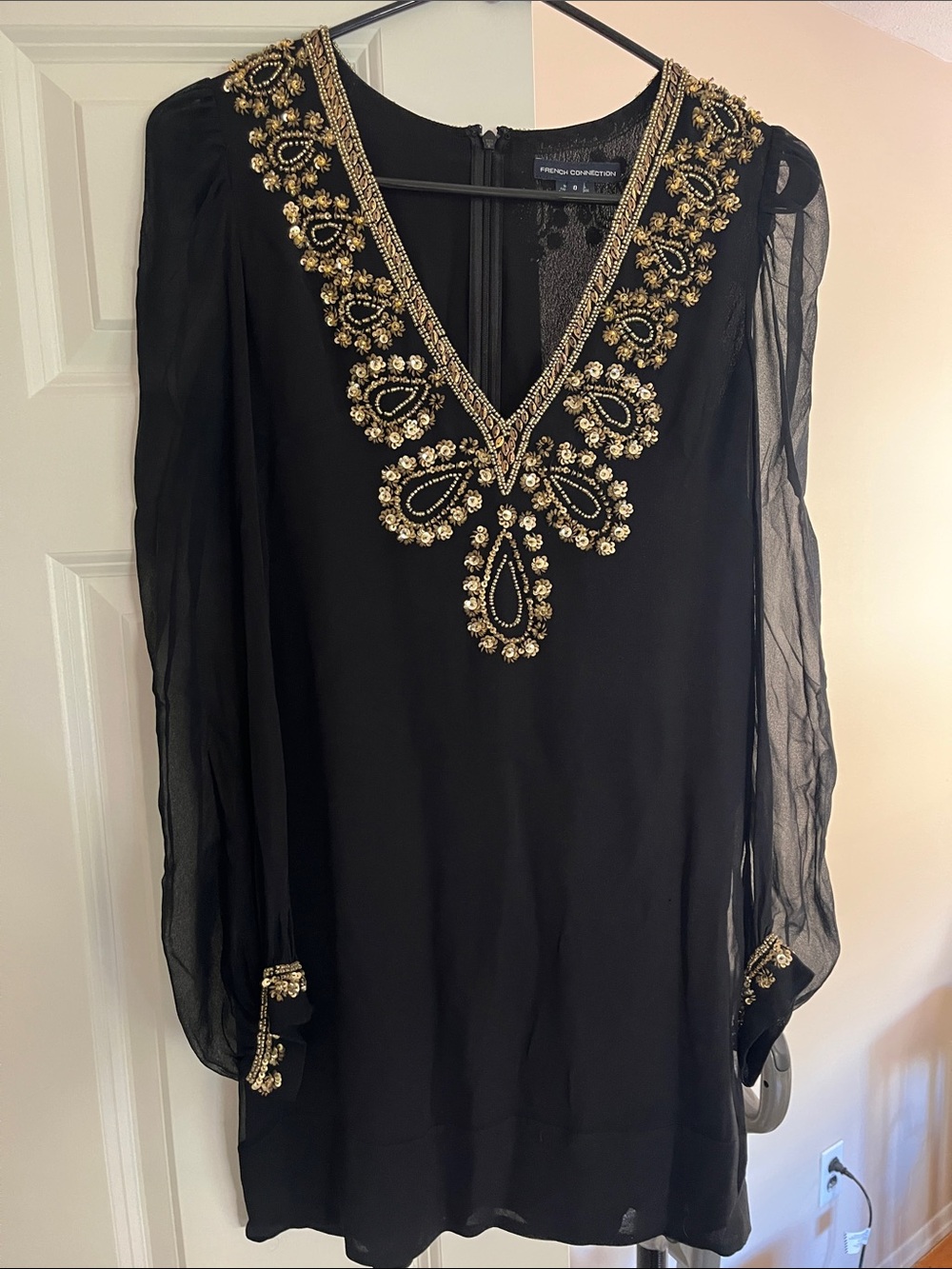 French Connection Black & Gold V-Neck Long Sleeve Mini Dress